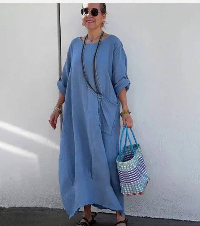 Cotton Linen Casual Solid Color Pocketed Round Neck Long Jumpsuit