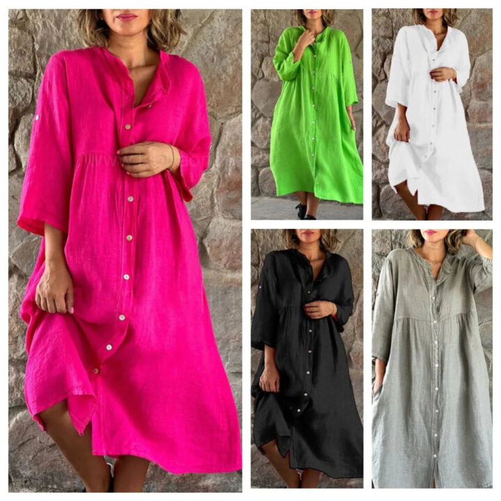 Cotton And Linen Loose Shirt Dress👗